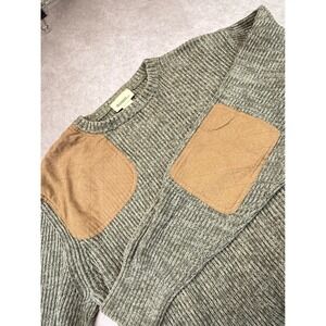 Gander Mountain Sweater Mens L Green Ribbed bKnit Elbow Patch Cotton Crewneck